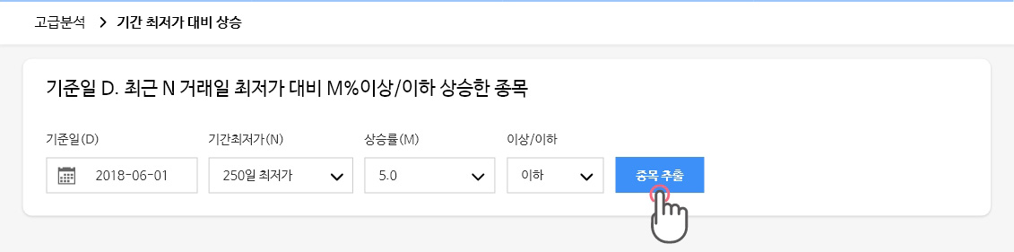 1) 기준일자 입력 > 2) 기간최고가(20일최고가) > 3) 하락률 입력 4) 이상 선택